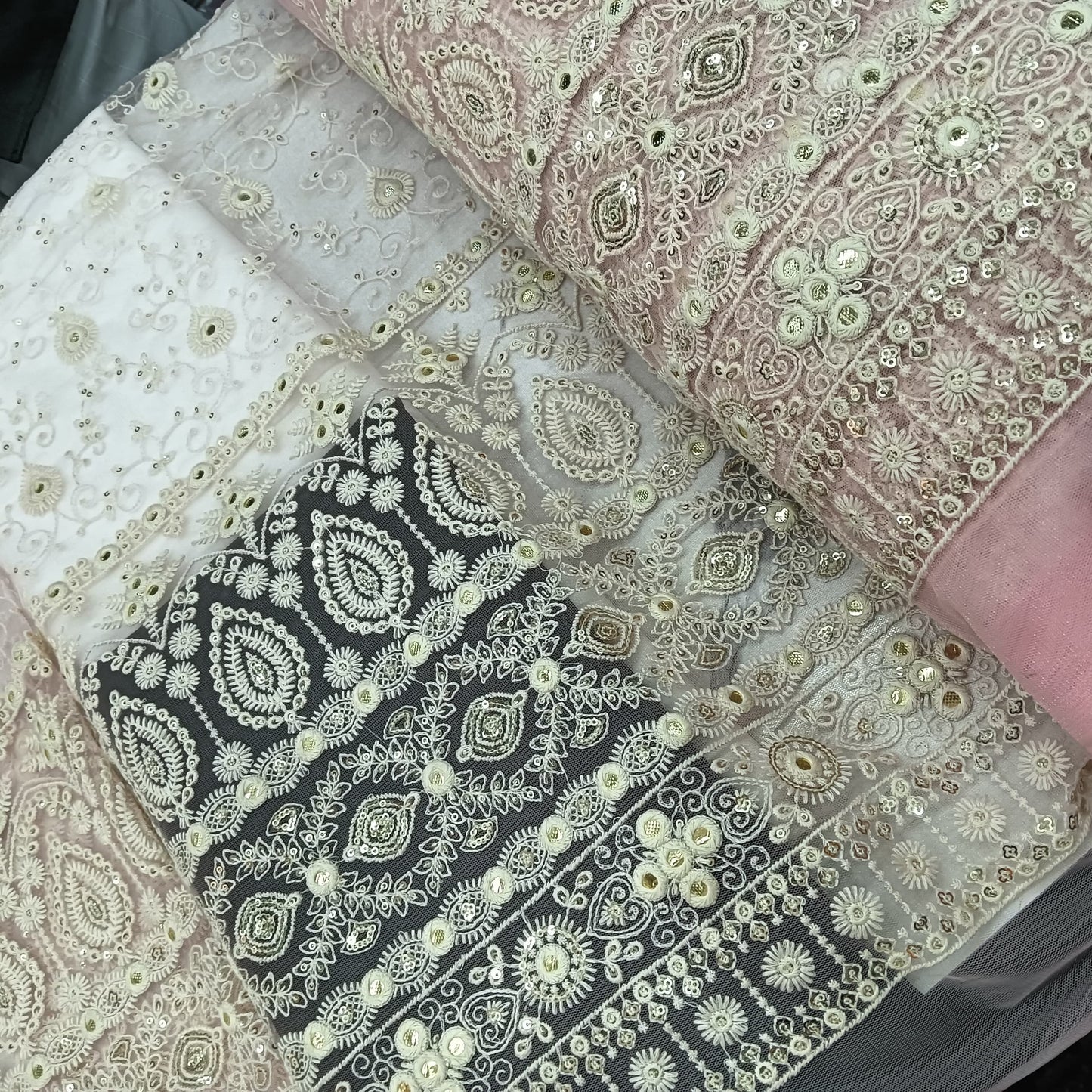 Floral Pattern Thread Embroidery on Baby PInk Net Fabric