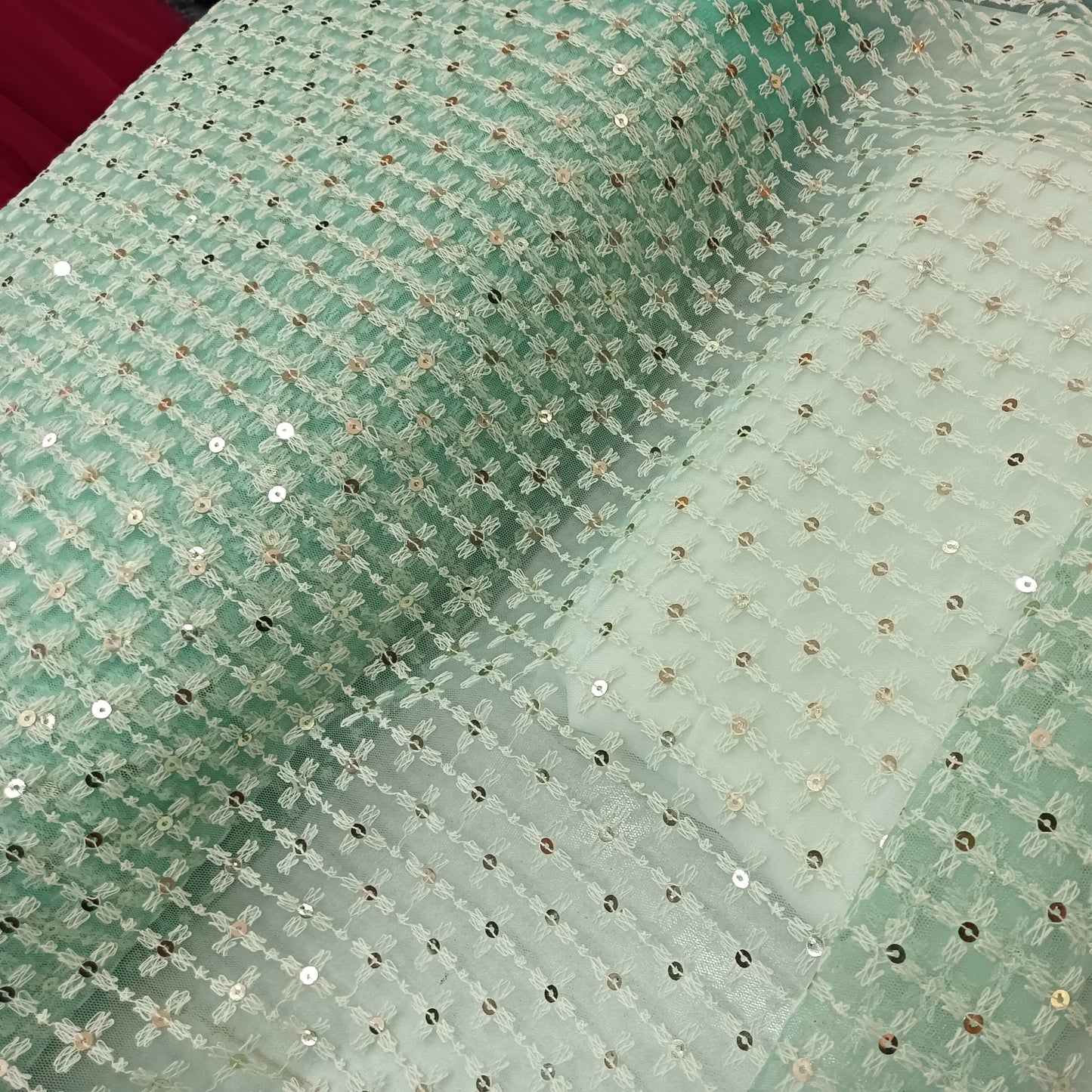 Thread Embroidery on Mint Green Net Fabric