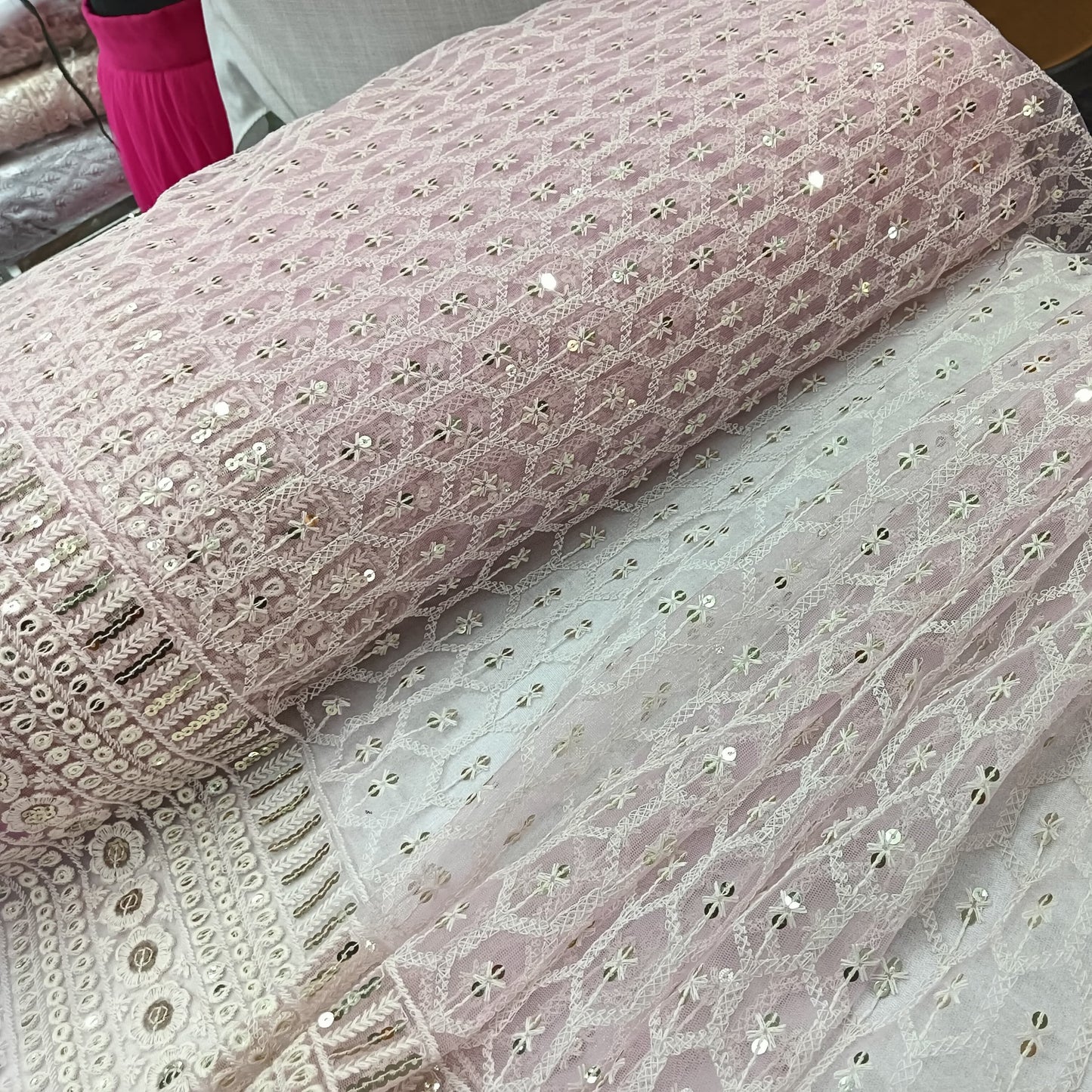 Floral Pattern Thread Embroidery on Baby Pink Net Fabric
