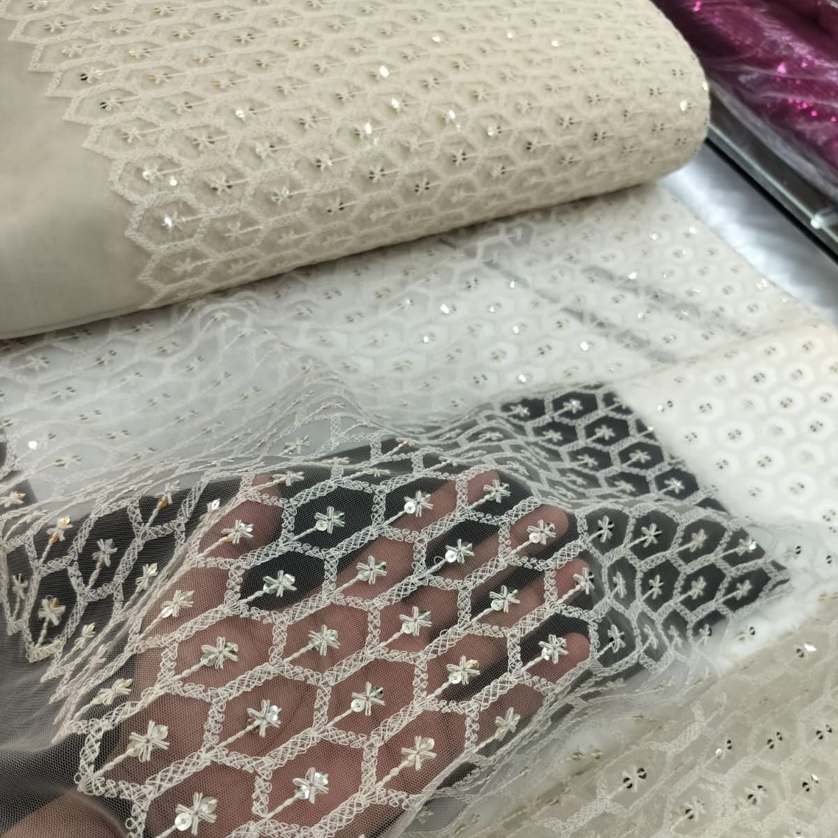 Thread Embroidery on Half White  Net Fabric
