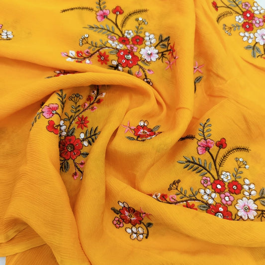 Viscose Chinon Thread Embroidery in Yellow Fabric