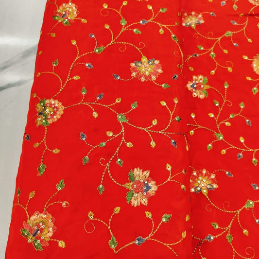 Red Natural Crepe Fabric with Thread Embroidery Work