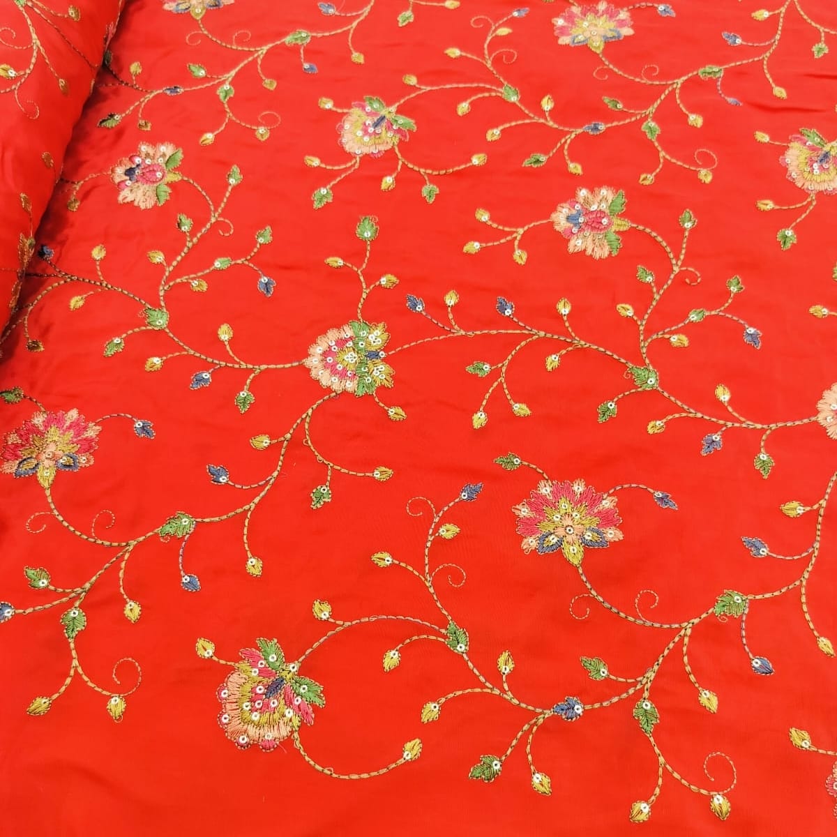 Red Natural Crepe Fabric with Thread Embroidery Work