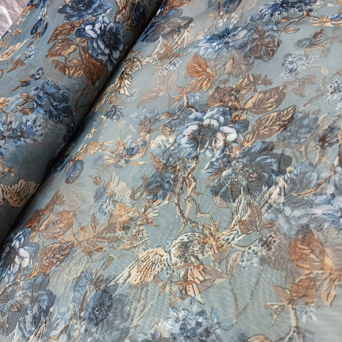 Floral Print on Orgenza in Blue Colour Fabric