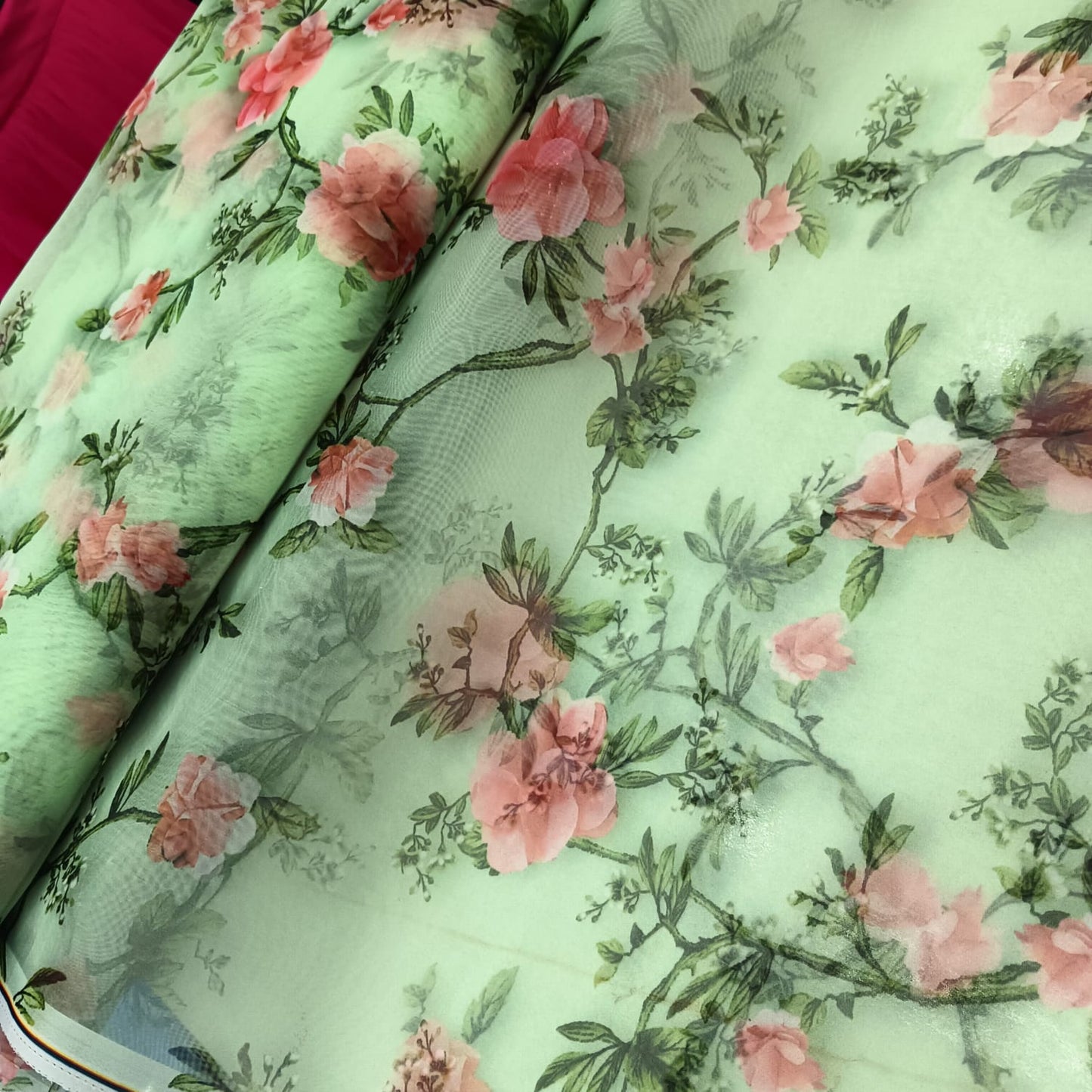 Floral Print on Organza in Green Colour Fabric