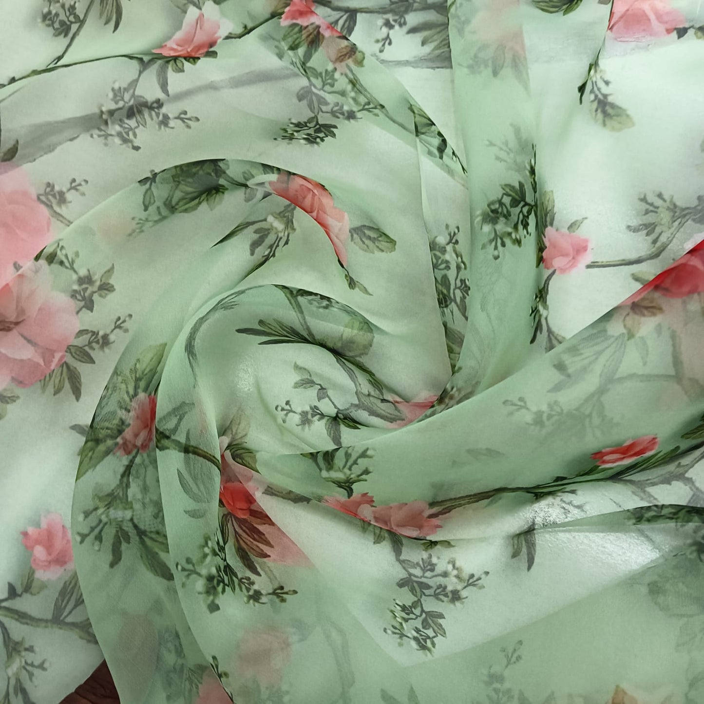 Floral Print on Organza in Green Colour Fabric