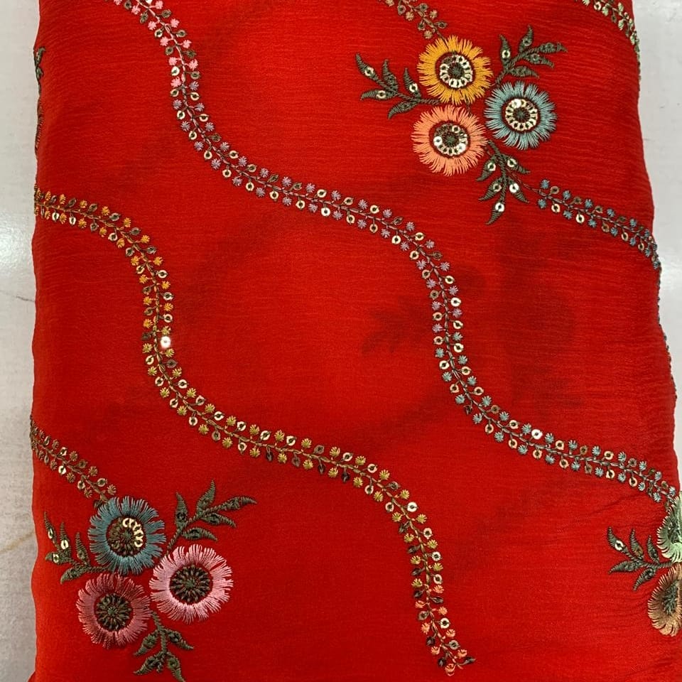 Viscose Chinon with Floral Embroidery in Red