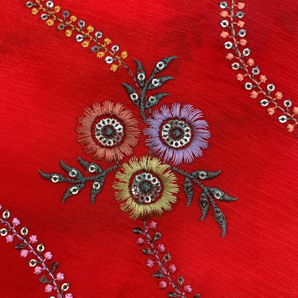 Viscose Chinon with Floral Embroidery in Red