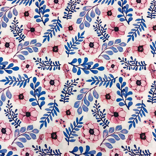 Cotton popline 58" Width Fabric - purple leaves with pink dry floral