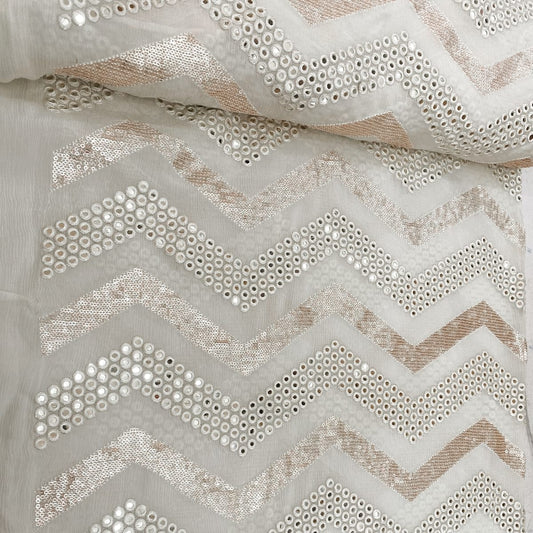 Off White Pure Viscose Chinon Fabric with Sequins and EmbroideryWork