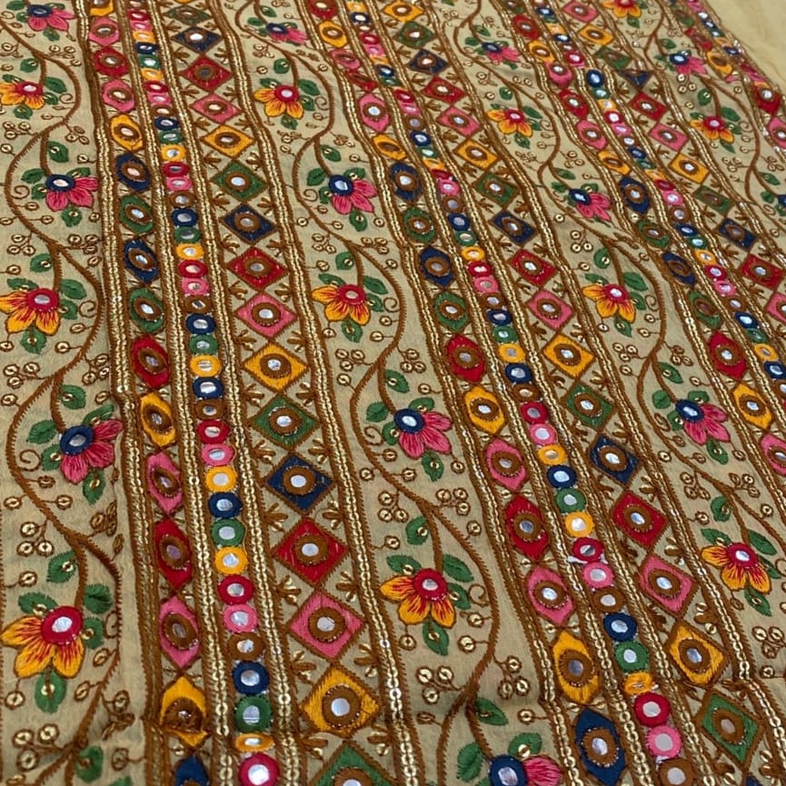 Beige Pure Chinon Fabric with heavy multicoloured thread, sequin embroidery and mirror work