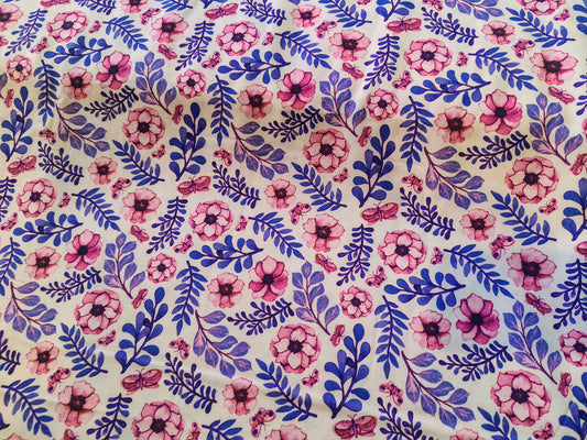 Cotton popline 58" Width Fabric - purple leaves with pink dry floral