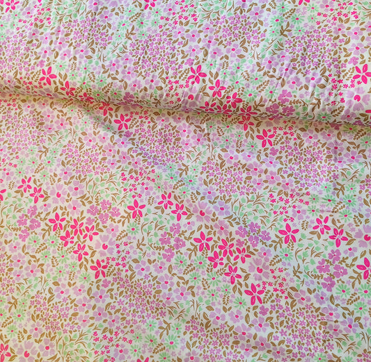Popline Cotton 58" width Fabric - purple pink green tiny flowers