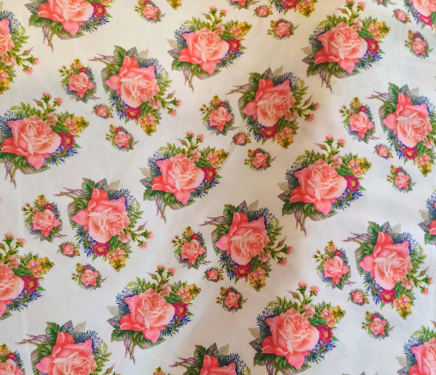Popline Cotton 58" Fabric - peach colour roses in ivory base