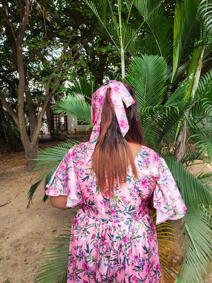 Satin Floral Dress with Hair Ribbon