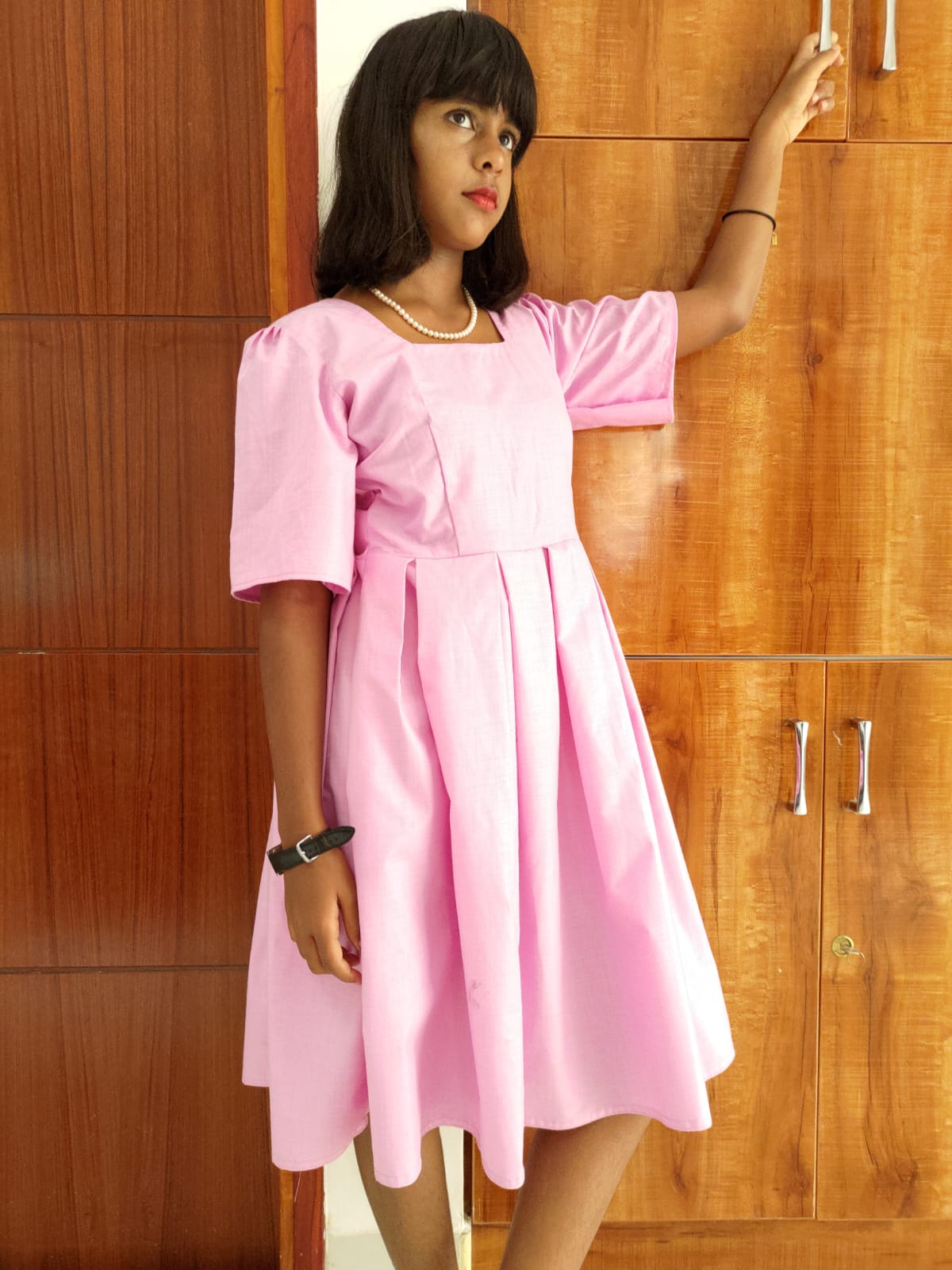 Pink Cotton Pleated Knee Length Dress