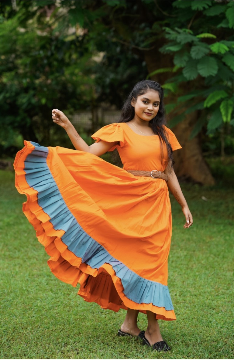 Super flare Orange Cotton Flare Dress