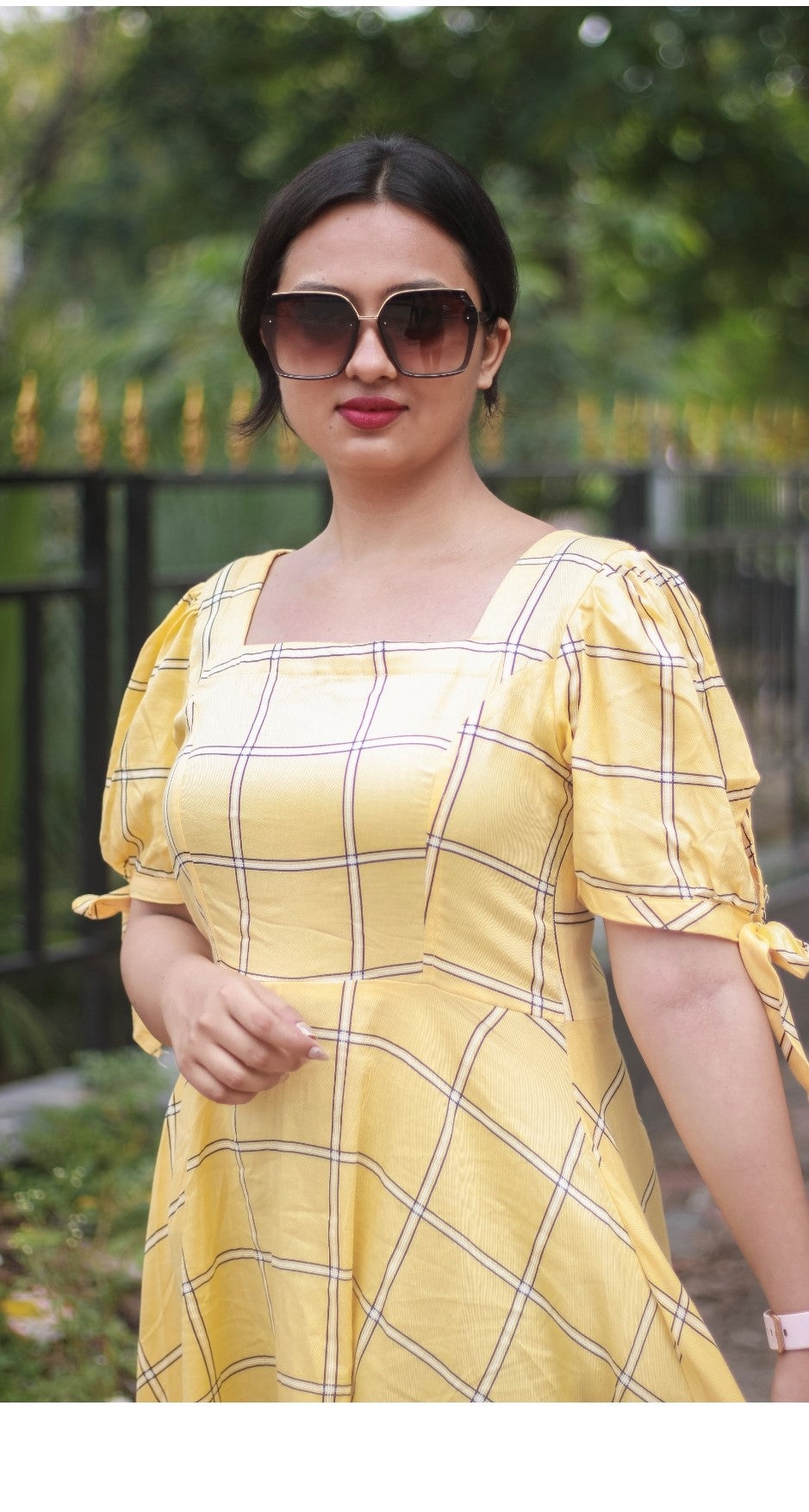 Yellow Cotton Dress  with tie in the sleeve
